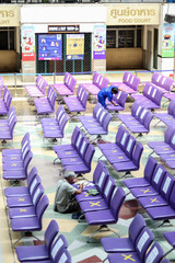 Bangkok, Thailand - Asian people waiting the train keep distance protect from COVID-19