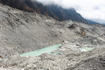 View of Ngozumpa glacier the longest glacier in the Himalayas below the sixth highest mountain in the world Cho Oyu. Glaciers are important indicators of global warming and climate change.