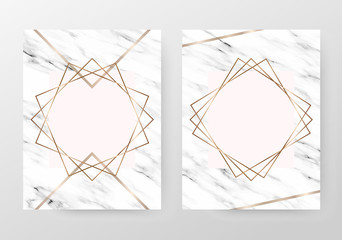 Fototapeta na wymiar Marble business templates with gold polygonal frames and geometric shapes.
