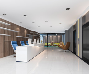 3d rendering modern luxury hotel and office reception and lounge with blue decor
