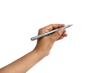 Close-up of a woman's hand holding a pen and writing gesture on a white background with the clipping path.