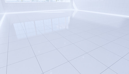 3d rendering of white tile floor background in perspective view. Clean, shiny and symmetry for decoration in bathroom, kitchen and laundry room. And empty or copy space for product display also.