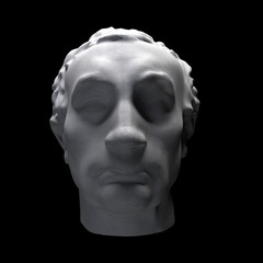Monochrome 3D rendering illustration of head bust classical sculpture isolated on black background.