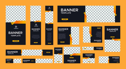 set of modern black banners of standard size with a place for photos. Business ad banner. Vertical, horizontal and square template with gradient yellow color.