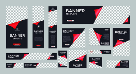 set of vector black web banners of standard sizes for sale with a place for photos. Vertical and horizontal templates with red folding shaped.
