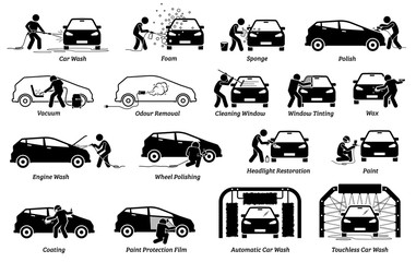 Professional auto car detailer icons set. Vector illustrations of auto car detailing services of car wash, polishing, cleaning, waxing, repainting, ceramic coating, and paint protection film. - obrazy, fototapety, plakaty