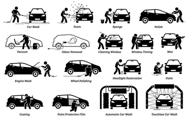 Foto op Canvas Professional auto car detailer icons set. Vector illustrations of auto car detailing services of car wash, polishing, cleaning, waxing, repainting, ceramic coating, and paint protection film. © leremy