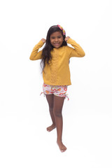 black girl in yellow shirt playing, photo with white background