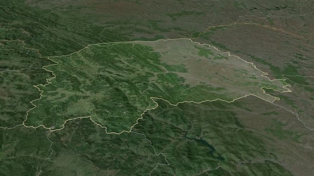 Suceava, county with its capital, zoomed and extruded on the satellite map of Romania in the conformal Stereographic projection. Animation 3D