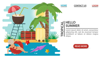 Naklejka premium web page design concept banner summer vacation girl floating on an inflatable circle coconut drink standing on a ladder on a sandy beach flat vector illustration cartoon
