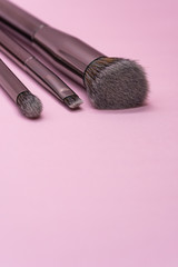 Obraz na płótnie Canvas Professional makeup brushes with silver handle on pink background with copy space. Concept for beauty and face cosmetic