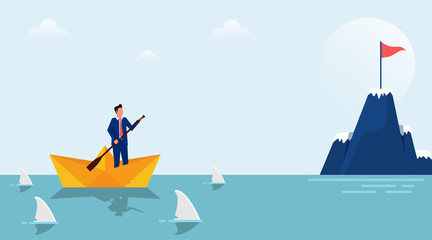 Business target concept design. Businessman character on paper boat surrounded by sharks. Focus on target and process. Flat style vector illustration