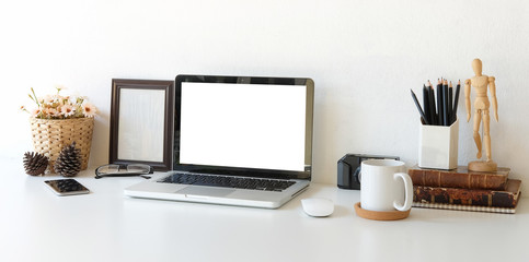 Workspace desk and laptop. copy space and blank screen. Business image, Blank screen laptop and supplies.