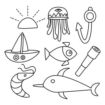 fish, marine and ocean life concept line design theme