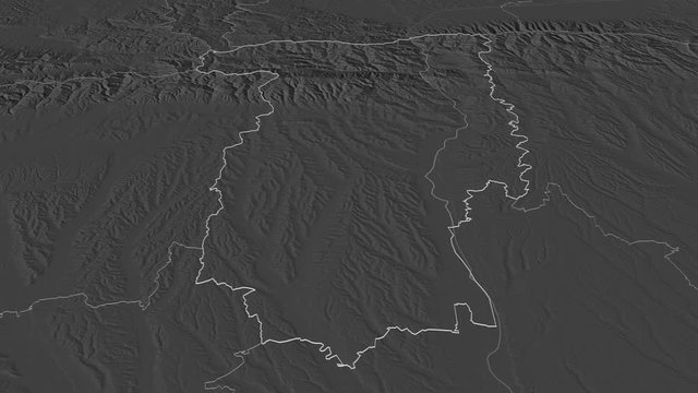 V&acirc;lcea, county with its capital, zoomed and extruded on the bilevel map of Romania in the conformal Stereographic projection. Animation 3D