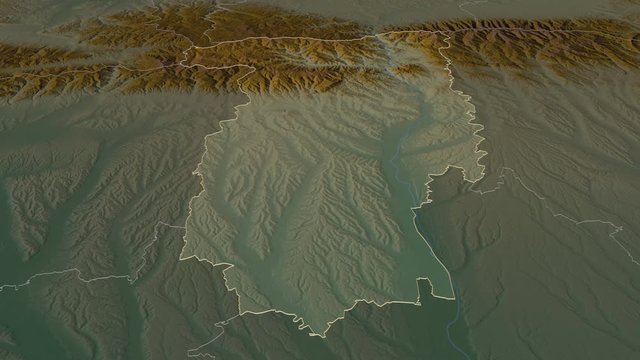 V&acirc;lcea, county with its capital, zoomed and extruded on the relief map of Romania in the conformal Stereographic projection. Animation 3D