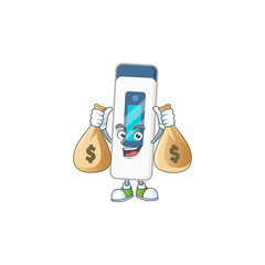 Blissful rich digital thermometer cartoon character having money bags