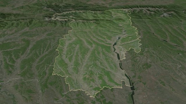 V&acirc;lcea, county with its capital, zoomed and extruded on the satellite map of Romania in the conformal Stereographic projection. Animation 3D