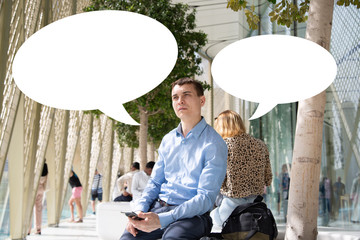 Communication between a man and a woman. Conceptual photo. A blank for writing a dialogue of...