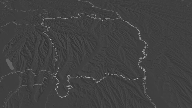 Vaslui, county with its capital, zoomed and extruded on the bilevel map of Romania in the conformal Stereographic projection. Animation 3D
