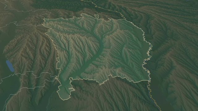 Vaslui, county with its capital, zoomed and extruded on the relief map of Romania in the conformal Stereographic projection. Animation 3D