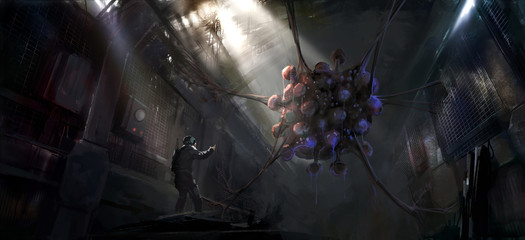 Digital painting of horrible creatures with genetic mutations in a ruined laboratory. © liuzishan