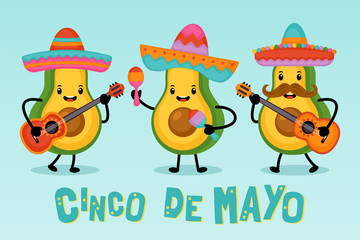 Cinco de Mayo Mexican Holiday greeting card design cute funny avocado characters. Vector illustration