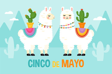 Cinco de Mayo Mexican Holiday greeting card design with cute llama animal character. © girafchik