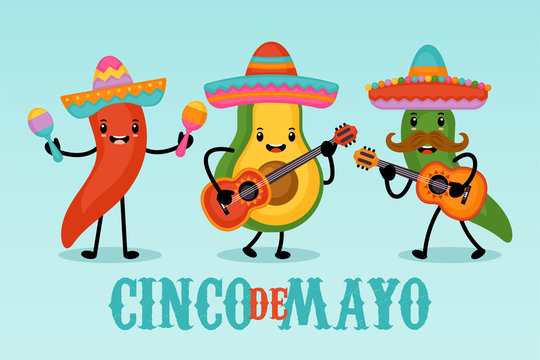 Cinco de Mayo Mexican Holiday greeting card design cute funny avocado characters. Vector illustration