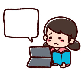 タブレットで学習する女の子　吹き出し　困り顔