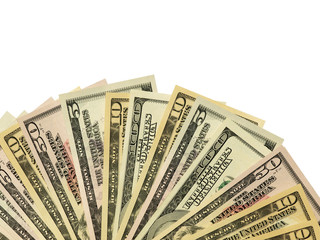 Colorful background with money US dollars of different value. Top view of business concept with finance for banks. American banknotes 5, 10, 50, 100 dollars backdrop