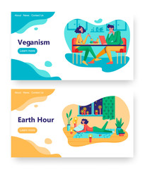 Vegan couple eat fruits and vegetables in restaurant. Earth hour concept illustration. Young girl read book with candle light. Vector web site design template. Landing page website illustration.