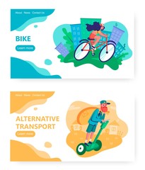 Hipster postman deliver the mail in rural area on a scooter. Sport girl on a bike. Urban healthy lifestyle. Concept illustration. Vector web site design template. Landing page website illustration.