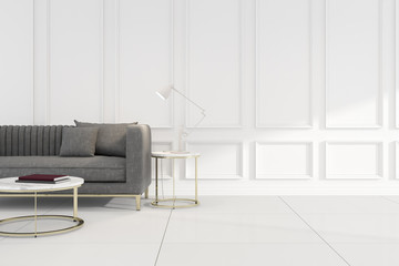 View of living room with grey fabric sofa and round mable side table on classic panel wall. Perspective of interior design with gold decoration. 3d rendering.