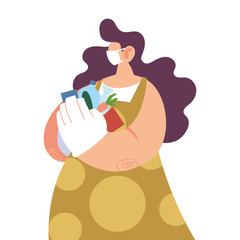 woman with medical mask and purchases of supermarket on white background