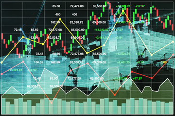 Xray effect for building security and safety insurance business on  construction site with graph and chart stock market data background.