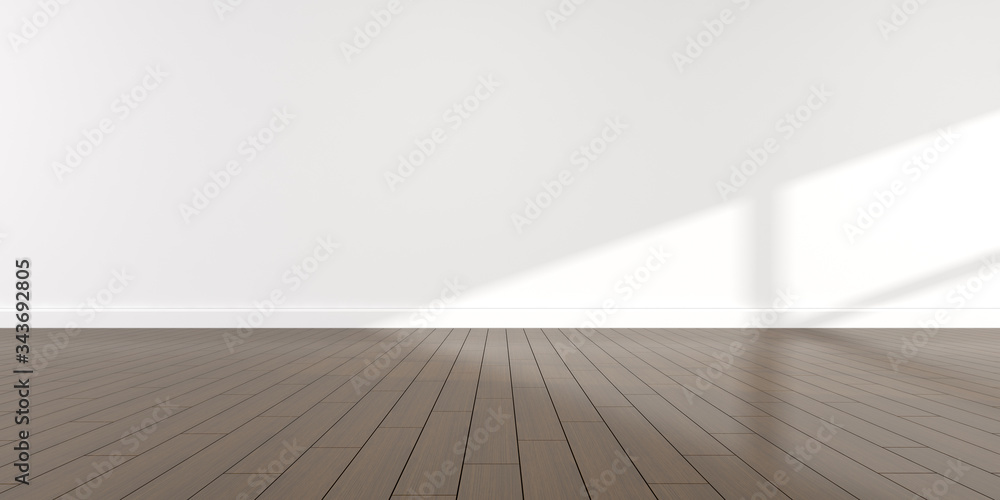 Poster mock-up of white empty room and dark wood laminate floor with sun light cast the shadow on the wall,