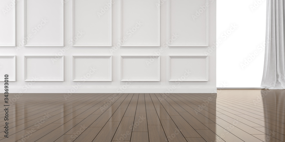 Aufkleber mock-up of white empty room and wood laminate floor with sun light cast the shadow on the wall,persp