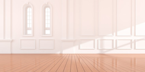 Perspective of the white empty room on wood laminate floor, Classic interior style with arch window design. 3d rendering.