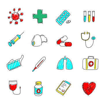 Medical icons set. Colored hand drawn signs - medicine, health and pharmacy. Pills, thermometer, mask, case, syringe and so on.