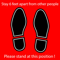 Foot Symbol Marking the standing position, the floor as markers for people to stand 6 feet apart, the practices put in place to enforce social distancing, vector illustration