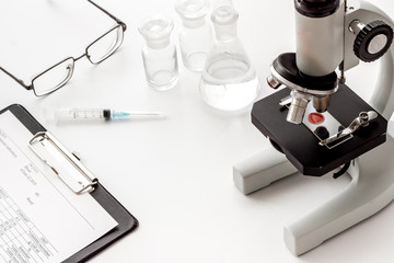 Microscope medical reserch. Blood sample for analysis. White table copy space