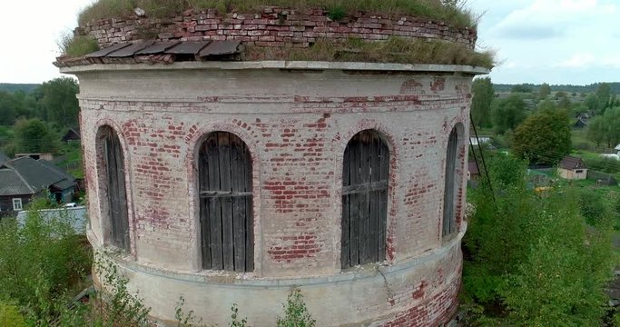 ruined orthodox church, village tolmachi, ruined, orthodox, church, close up, cover shot, track out, track in, fly out, fly in, top view, unveiling shot, overflight, far distance, horizontal pan, cran