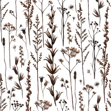 Vintage seamless pattern with dry autumn and winter plants branches and seeds. Texture with watercolor meadow wild flowers elements 