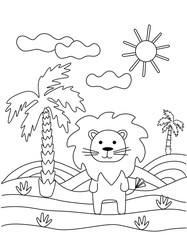 Cute coloring book with a funny lion, palm tree, sun. For the youngest children. Black sketch, simple shapes, silhouettes, contours, lines. Children's vector illustration.