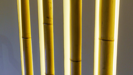 Illuminated bamboo trunks in the interior. Space for text. Abstract background and texture.