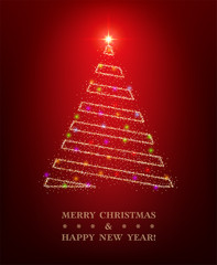 Christmas greeting card template with shiny stylized tree on red background