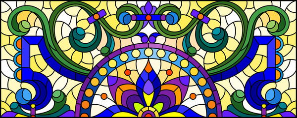 Illustration in stained glass style with abstract  swirls,flowers and leaves  on a yellow background,horizontal orientation