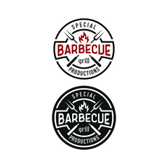 Vintage Grill barbecue with crossed fork and fire flame Logo design