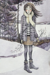 Fototapeta na wymiar Hand-drawn pencil and watercolor illustration girl with branch in coat autumn winter spring forest cold wind art creative background
